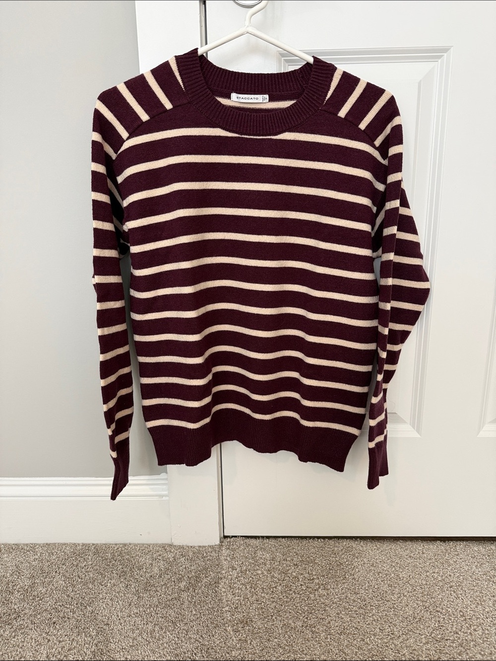 Staccato Burgundy and Cream Striped Crew Sweater
